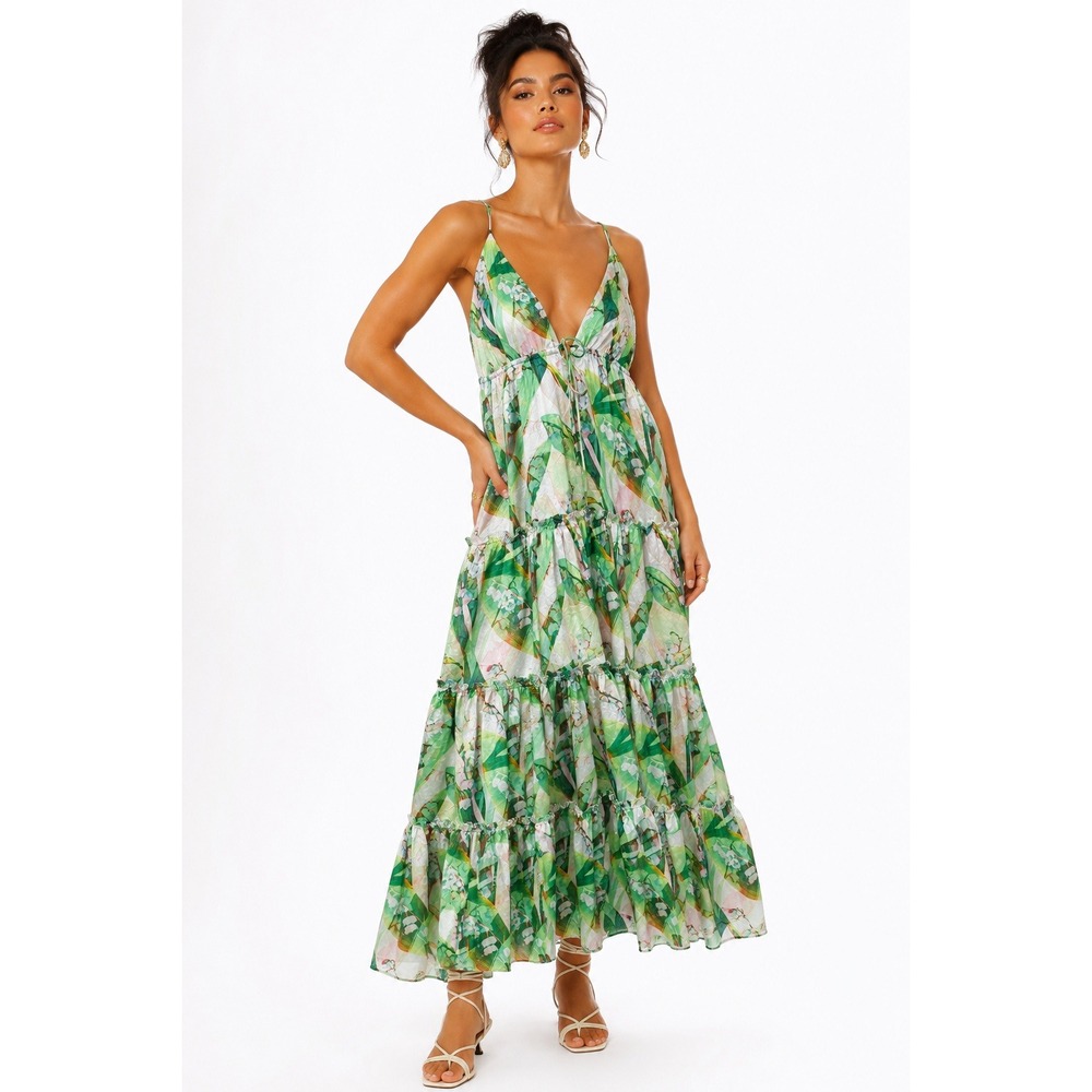 a Peach Womens Tropical Floral Tiered Maxi Dress‎ Green White Size Large